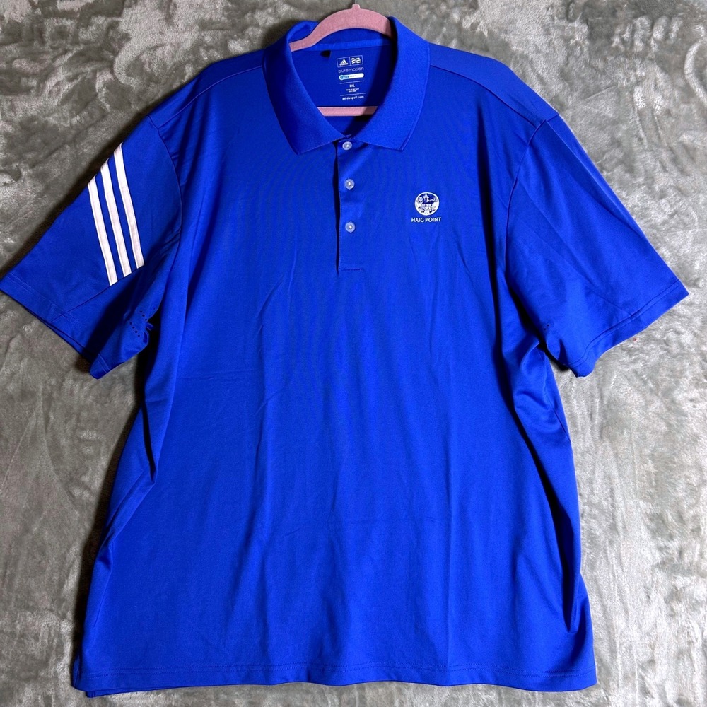 Adidas Golf Puremotion Coolmax Polo Shirt Mens 2XL Blue Haig Point Logo Stripe